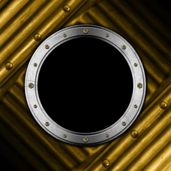 Metallic porthole with bolts on a golden metal background with screws