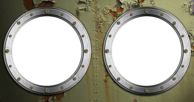 Double metal portholes with bolts on rusty green painted metal background with cracked paint
