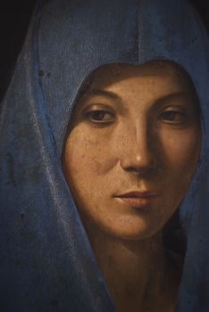 PALERMO - JANUARY 03: Detail of painting "Annunciata" by Antonello da Messina, 1476, preserved in the Abatellis palace. January 03, 2013 in Palermo, Sicily