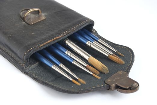 Leather case and paint brushes on white background