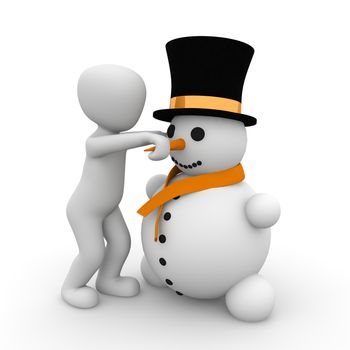A 3D character build a Snowman.