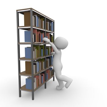 A 3D character tries to take a book from the shelf