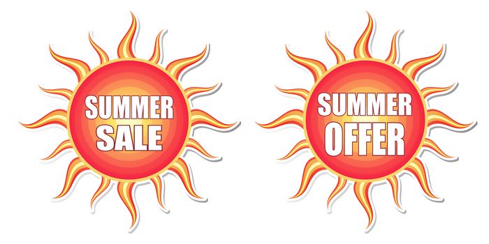 summer sale and summer offer banners - text in red orange yellow labels with sun shape, business concept