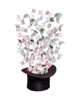 european banknotes flying out of old top hat