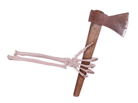 skeleton hand with rusty axe