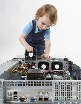 cute child with open network server. studio shot in light grey background