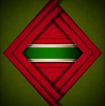 Red and green velvet background with geometric forms and green plaque