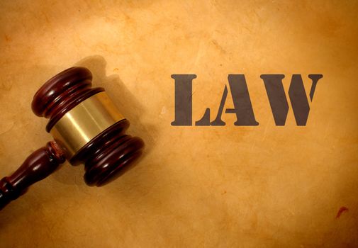 Judges gavel next to the word law 