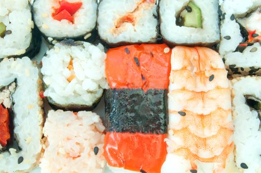 Closeup of fish and vegetable sushi snacks 