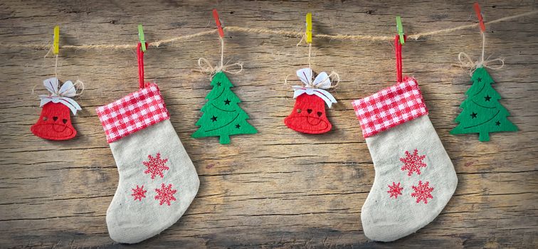 Christmas Decoration Over Wooden Background. Decorations over Wood