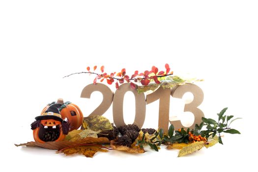 Year in numbers with autumn leaves and other product for New Year