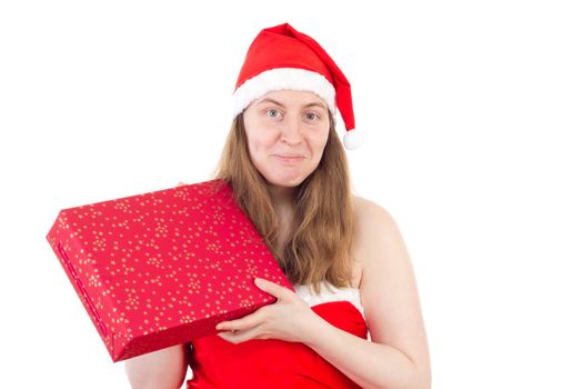 Smiling young Mrs. Claus with red gift
