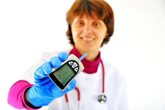 doctor checking diabetic's blood sugar shoot in studio