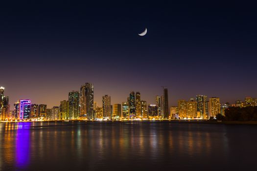 Skyscrapers in Sharjah city. Khalid Lagoon.UAE.