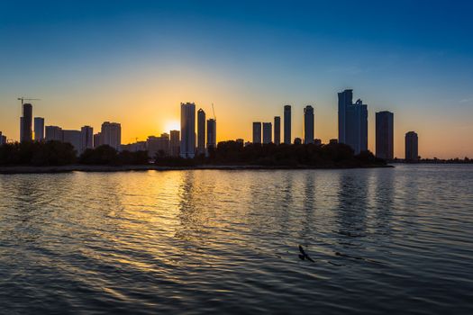 Skyscrapers in Sharjah city. Khalid Lagoon.UAE.