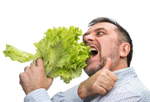 Organic food. Man eating salad lettuce isolated on white