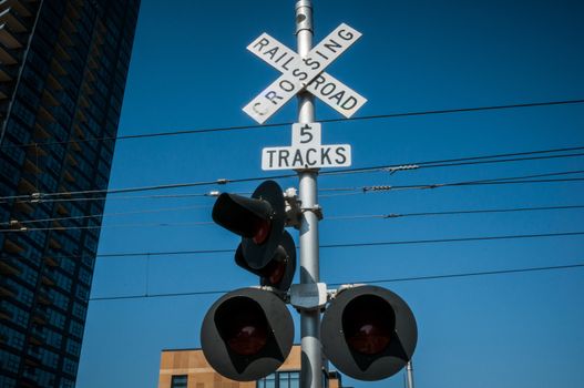 San Diego railroad crossing sign and traffic lights