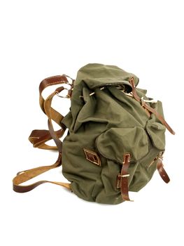 military backpack isolated on white, side view, studio shot, isolated on white background