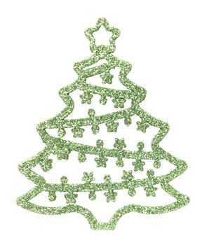 Christmas tree silhouette with decorations in green, isolated on white background.