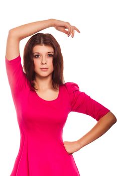 woman brunette girl in a pink dress isolated on white background