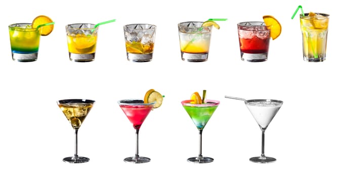 Set of coctails - pina colada, mojito, whisky on rocks, cosmopolitan and many more