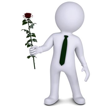 3d man holding a white rose. Isolated render on a white background