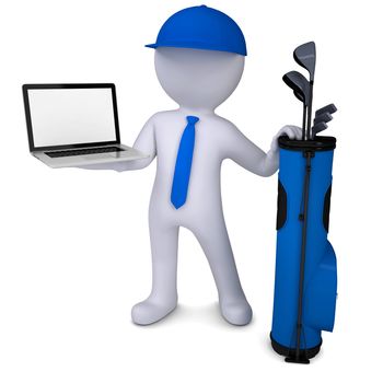3d white man with a bag of golf clubs, holding a laptop. Isolated render on a white background