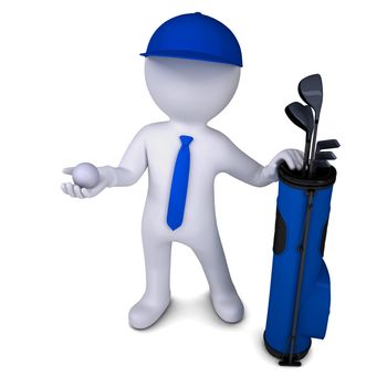 3d white man with a bag of golf clubs, is holding a golf ball. Isolated render on a white background