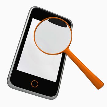 Smartphone and a magnifying glass. Isolated render on a white background