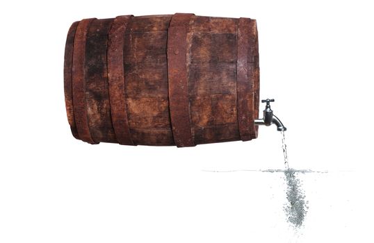 faucet in wooden barrel with water and bubbles