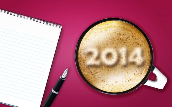 Happy new year 2014, cup of cappuccino with 2014 numbers made from foam with notepad and pen.
