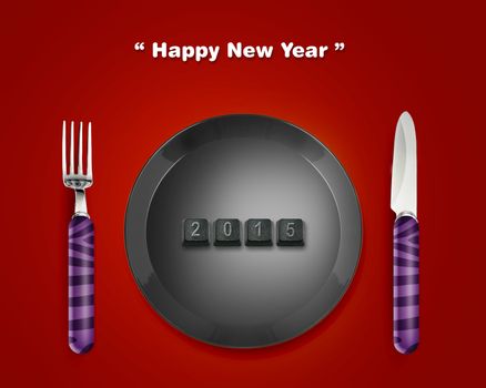 Happy new year 2015, keyboard buttons in plate with 2014 numbers with Fork and knife, the same concept available for 2015 year.