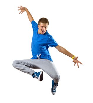 Young man dancer jumping isolated on white