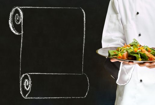 Chef holding health salad dish with chalk scroll on blackboard Background
