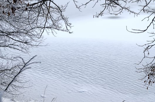 The view from the coast through the snow-covered branch of a tree onto a frozen lake
