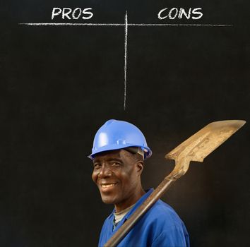 African American black man worker with chalk pros and cons decision list on a blackboard background