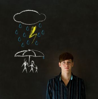 Man or Teacher thinking about protecting family from natural disaster on blackboard background