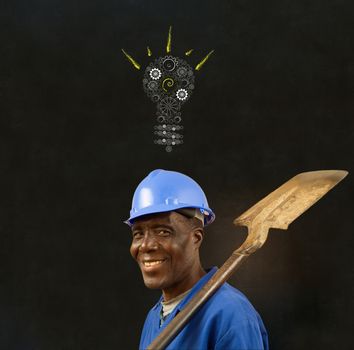 African American black man worker with a chalk gear cog lightbulb on a blackboard background