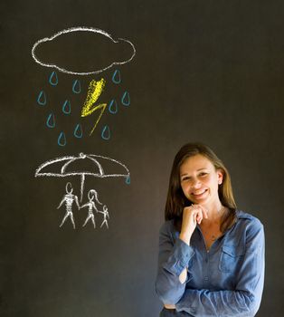 Woman Teacher thinking about protecting family from natural disaster on blackboard background