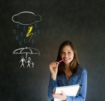 Woman Teacher thinking about protecting family from natural disaster on blackboard background