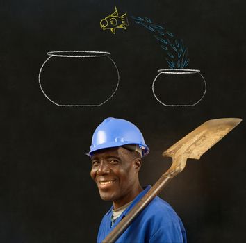 African American black man worker with chalk jumping fish bowls on a blackboard background