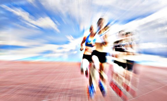 Young female athletes are running on the treadmill on the background of blue sky