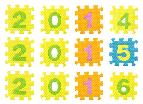 Happy new year 2014,2015, 2016 made from educational puzzle pieces, (Clipping work path included).