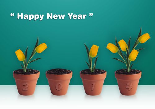 Happy new year 2014, Group of yellow tulips in clay container.