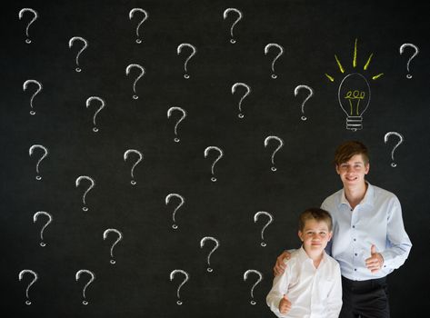 Thinking boy and Businessman/Teacher questioning ideas on blackboard background