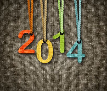 Happy New year 2014, numbers hunging by rope as puppeteer on sackcloth background, the same concept available for 2015 and 2016.