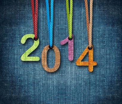 Happy New year 2014, numbers hunging by rope as puppeteer on sackcloth background, the same concept available for 2015 and 2016.