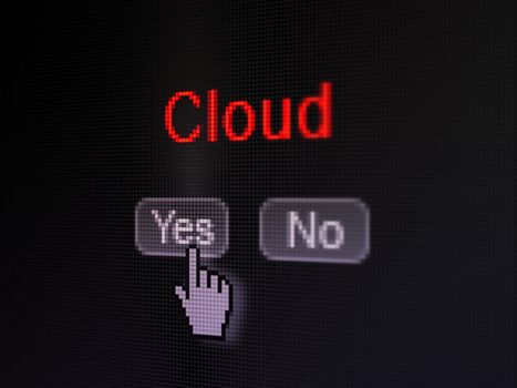 Cloud networking concept: buttons yes and no with pixelated word Cloud and Hand cursor on digital computer screen, selected focus 3d render