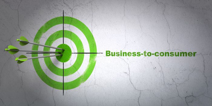 Success business concept: arrows hitting the center of target, Green Business-to-consumer on wall background, 3d render