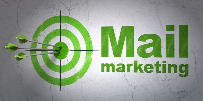 Success advertising concept: arrows hitting the center of target, Green Mail Marketing on wall background, 3d render